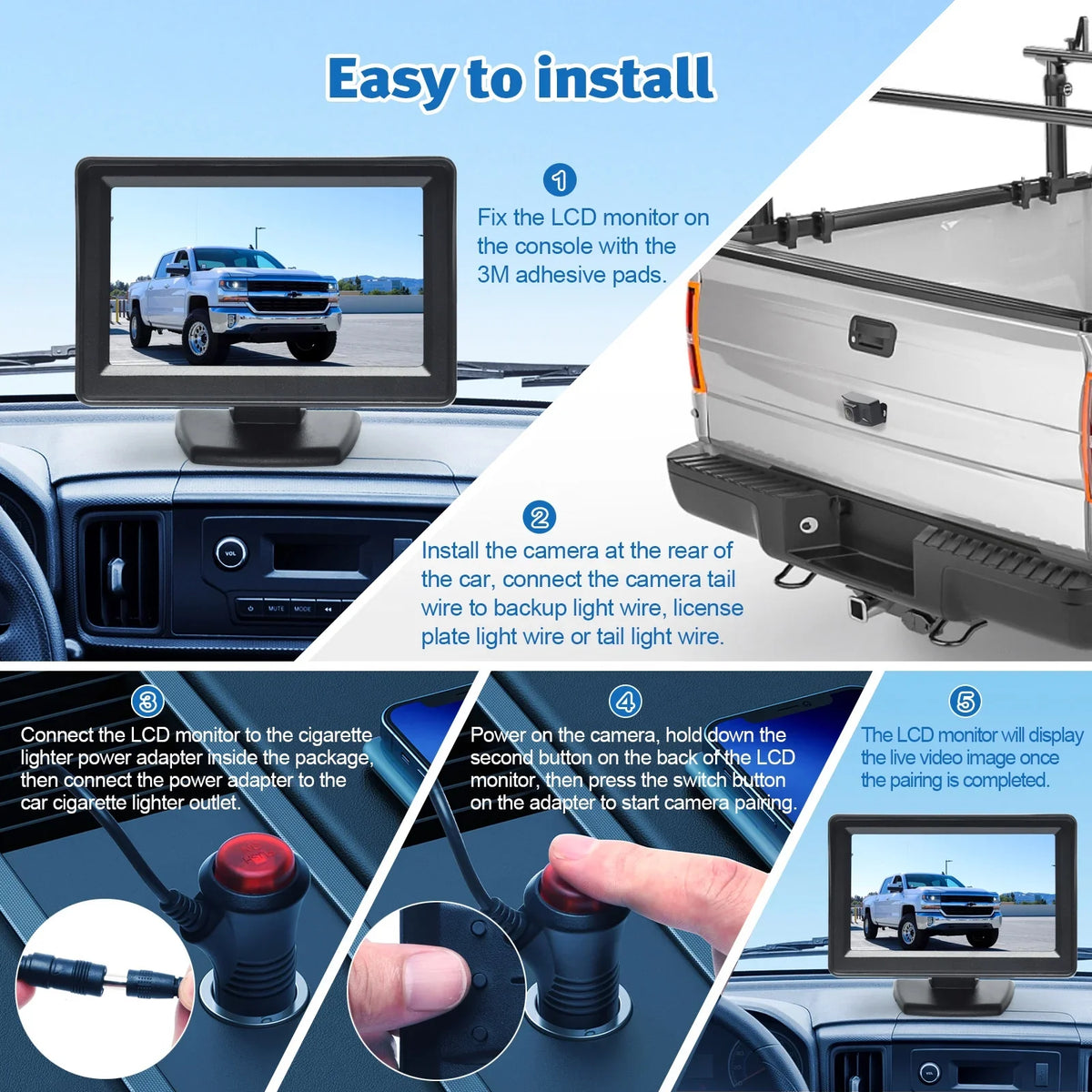 4.3 Inch Wireless Rear View Monitor Kit Backup Camera 720P HD Reverse Camera for Car Van Truck Camper Trailer with Parking Guide Lines