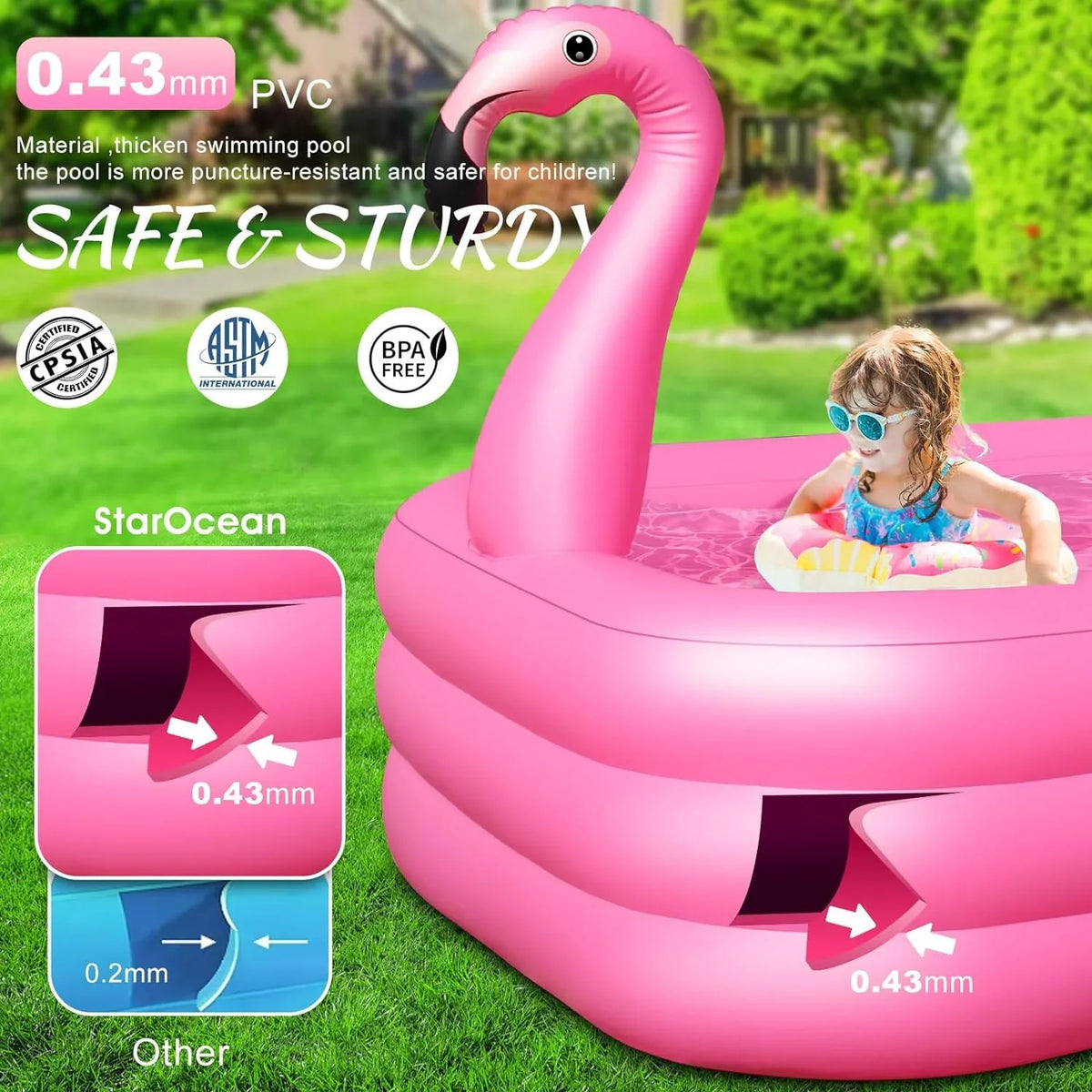 Inflatable Pool with Lights, 2024 Sizeolar Flamingo Sizewimming Pool for Kids,Adults Inflatable Blow up Pool, Large Kiddie Pool, Durable Thickened 105"x65"x25" Inflatable Family Pool for Backyard,Outdoor