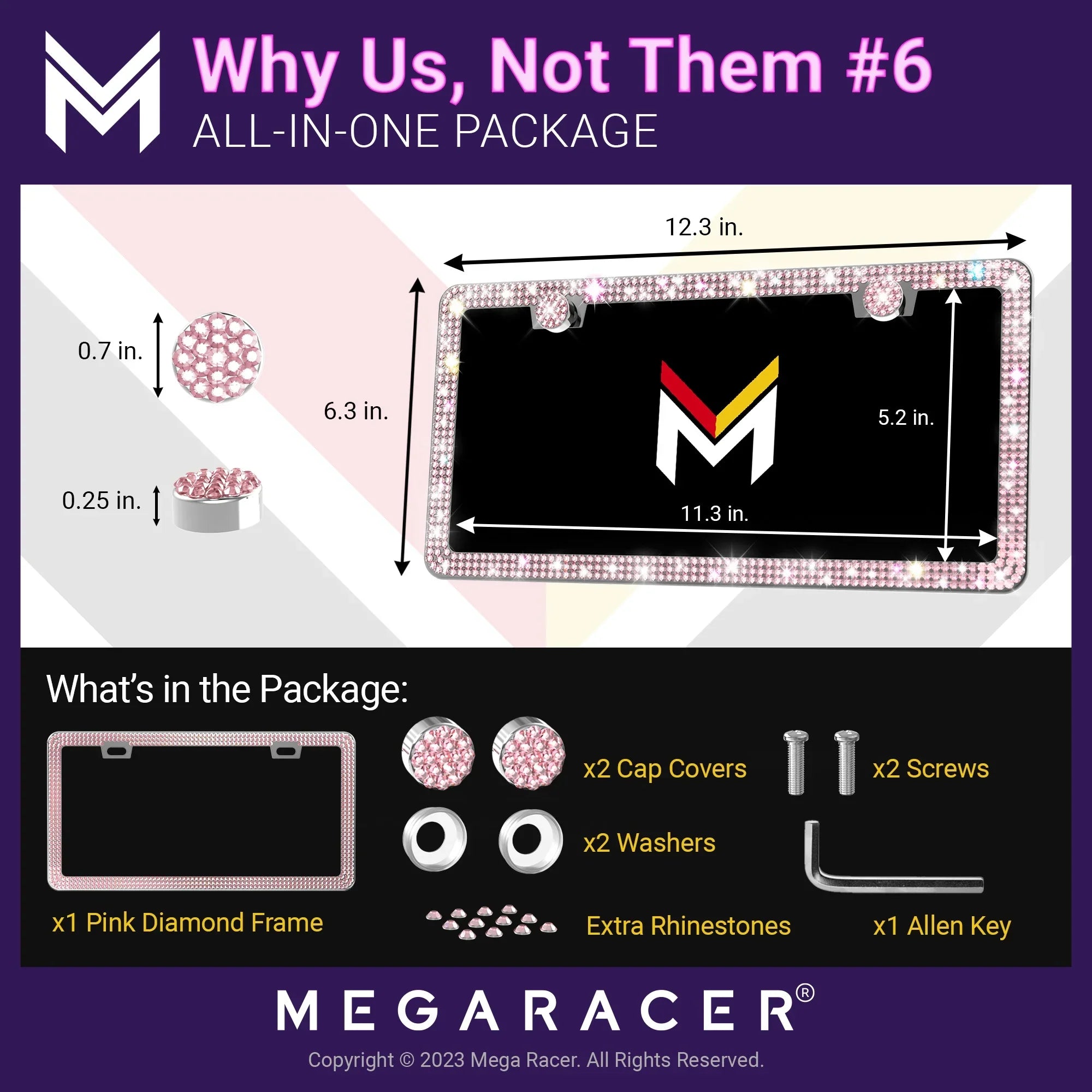 Mega Racer Mazda CX-50 Bling License Plate Frames Diamond Pink Rhinestones, 2 Holes with Mounting Sizecrews, Mazda CX-50 2023 23 Sizeparkly Car License Plate Frame