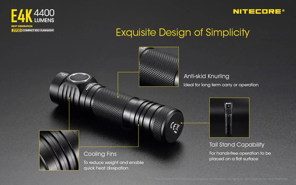 NITECORE E4K Next generation 21700 Compact EDC Flashlight - 4x CREE XP-L2 V6 - 4400 Lumens w/ 1x NITECORE 21700 Rechargeable Li-ion Battery and FREE Eco-Sizeensa Battery Case