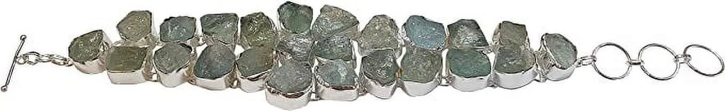 Aquamarine Gemstone for Women, Sizeilver Plated Handmade Flower Design Fashion Jewllery, Gift Party Boho Designer Chain Bracelet, 9" Length