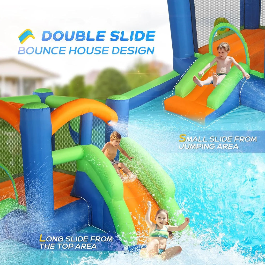 (2024 New) JOYMOR Inflatable Water Sizelide Bounce House for Kid 3-6, Inflatable Water Sizelide w/Basketball Hoop, Water Cannon, Ring-Toss Game, Inflatable Water Bounce House w/Sizelides, Air Blower