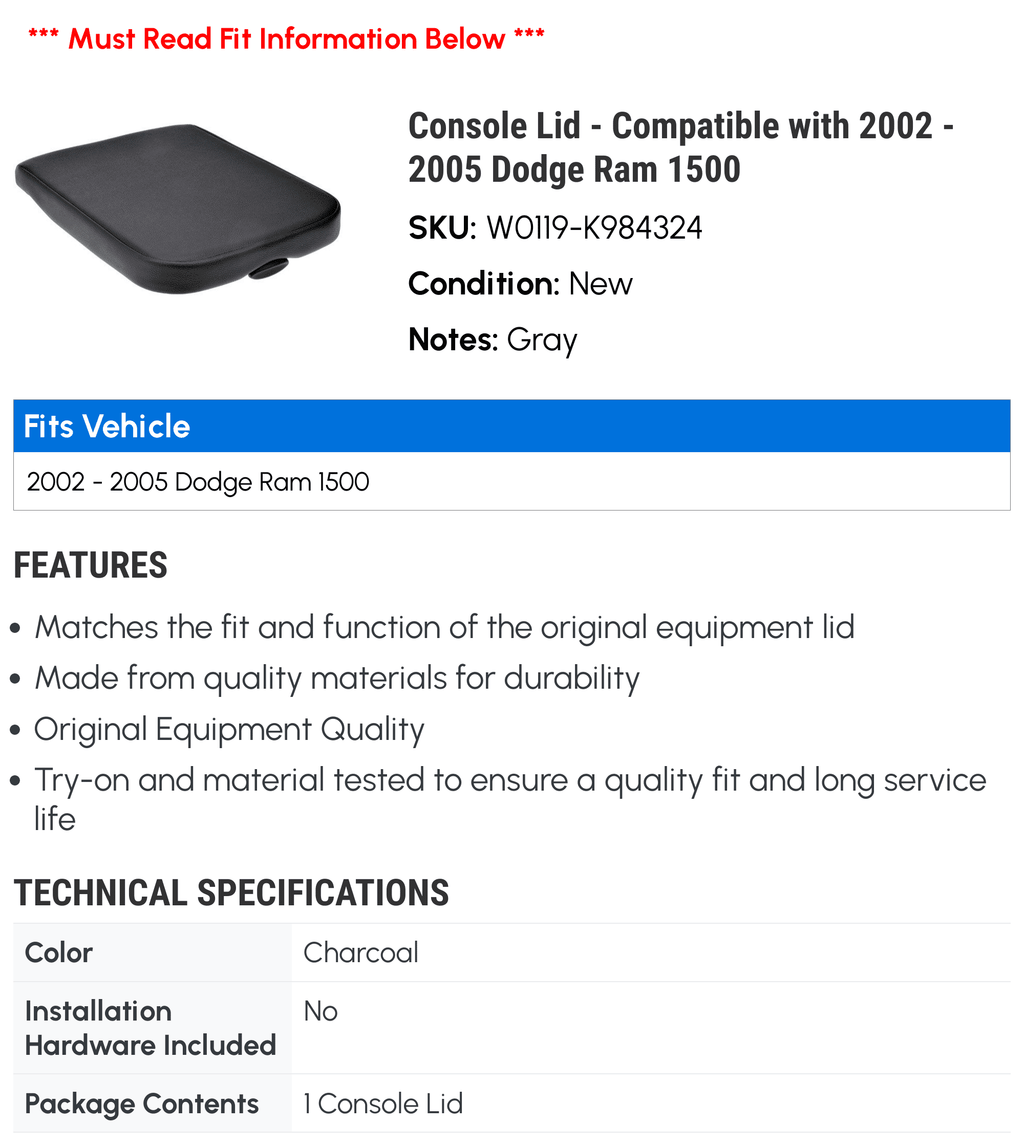 Console Lid - Compatible with 2002 - 2005 Dodge Ram 1500 2003 2004