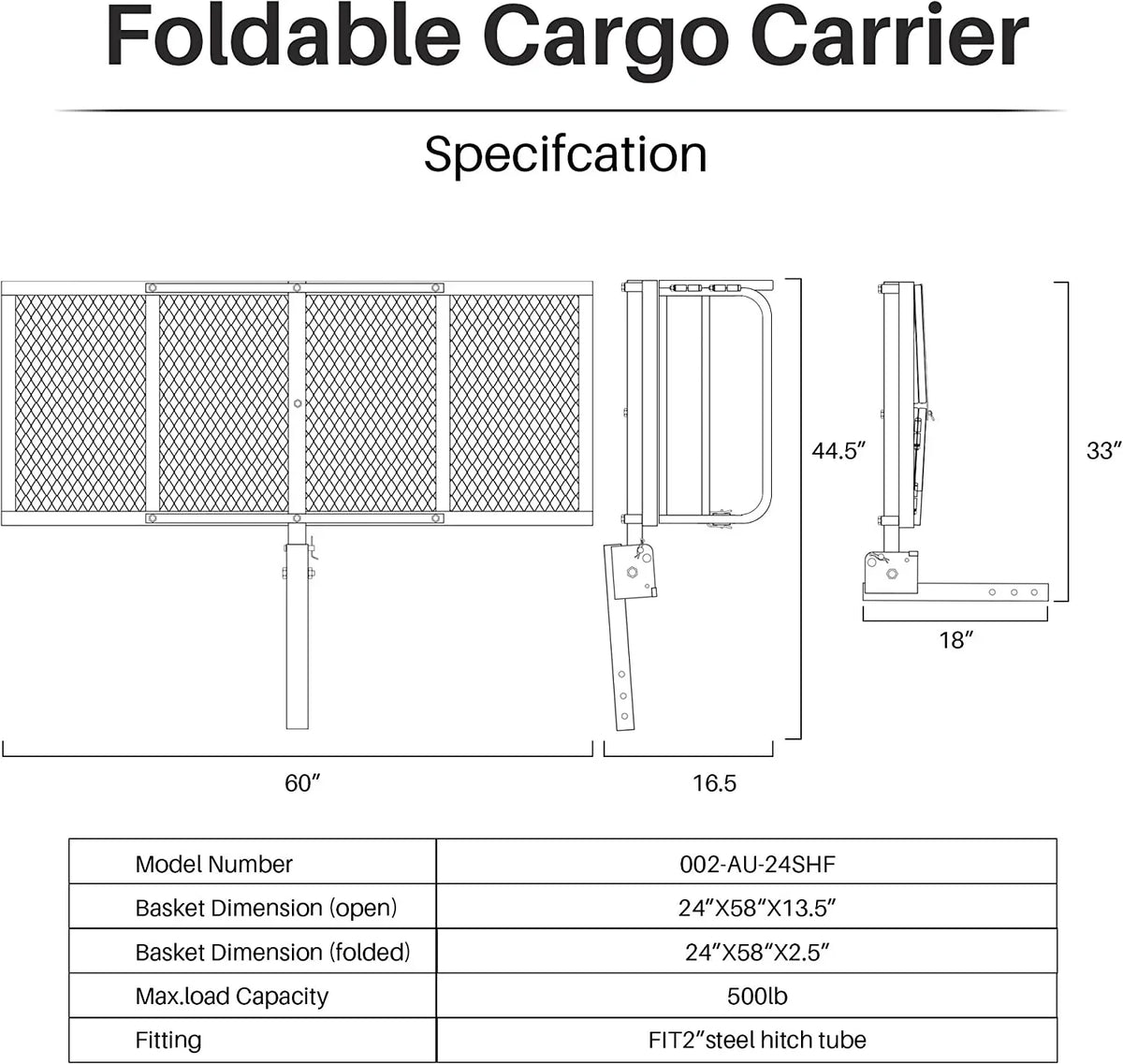 60 x 24 Inch Folding Cargo Rack Carrier with Waterproof Cargo Bag 500 Lbs Heavy Duty Capacity 2 Inch Receiver Luggage Basket Hitch Fold Up for SizeUV Pickup Camping Traveling