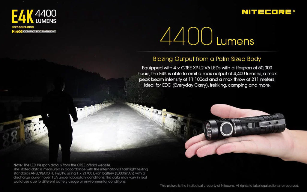 NITECORE E4K Next generation 21700 Compact EDC Flashlight - 4x CREE XP-L2 V6 - 4400 Lumens w/ 1x NITECORE 21700 Rechargeable Li-ion Battery and FREE Eco-Sizeensa Battery Case