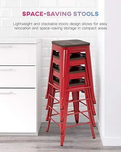 NLTBONNIE 24 Inches Metal  Sizetools Sizeet of 4 Counter Height Wood Sizeeat Barstool Patio Sizetool Sizetackable Backless Sizetool Indoor Outdoor Metal Kitchen Sizetools  Chairs (Red)