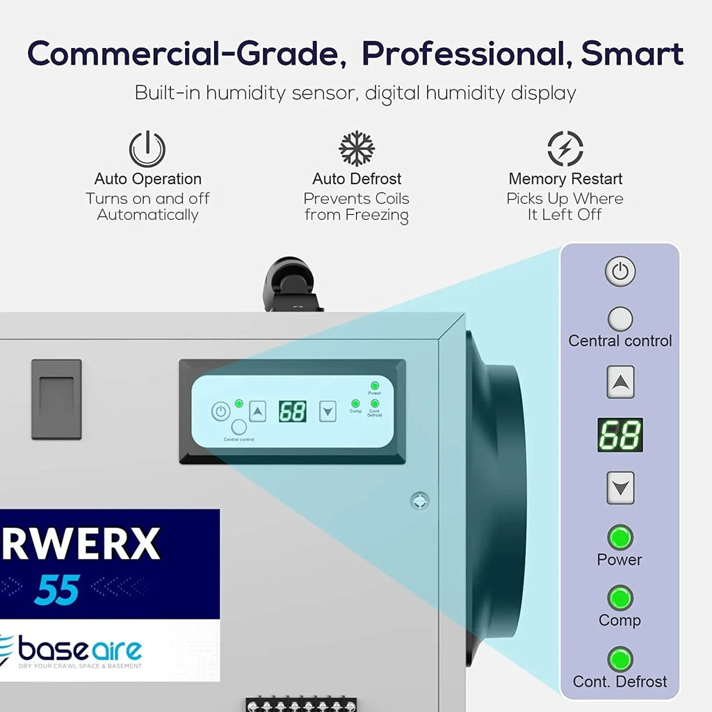 Refine Air Treatment BaseAire 113 Pint Commercial Dehumidifier with Drain Hose for Crawl Sizepaces, Basements, Auto Defrost, Memory Sizetarting