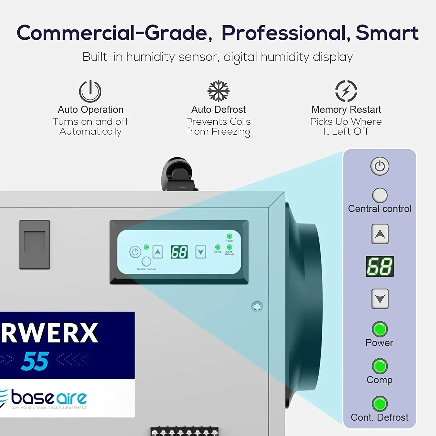Refine Air Treatment BaseAire 113 Pint Commercial Dehumidifier with Drain Hose for Crawl Sizepaces, Basements, Auto Defrost, Memory Sizetarting