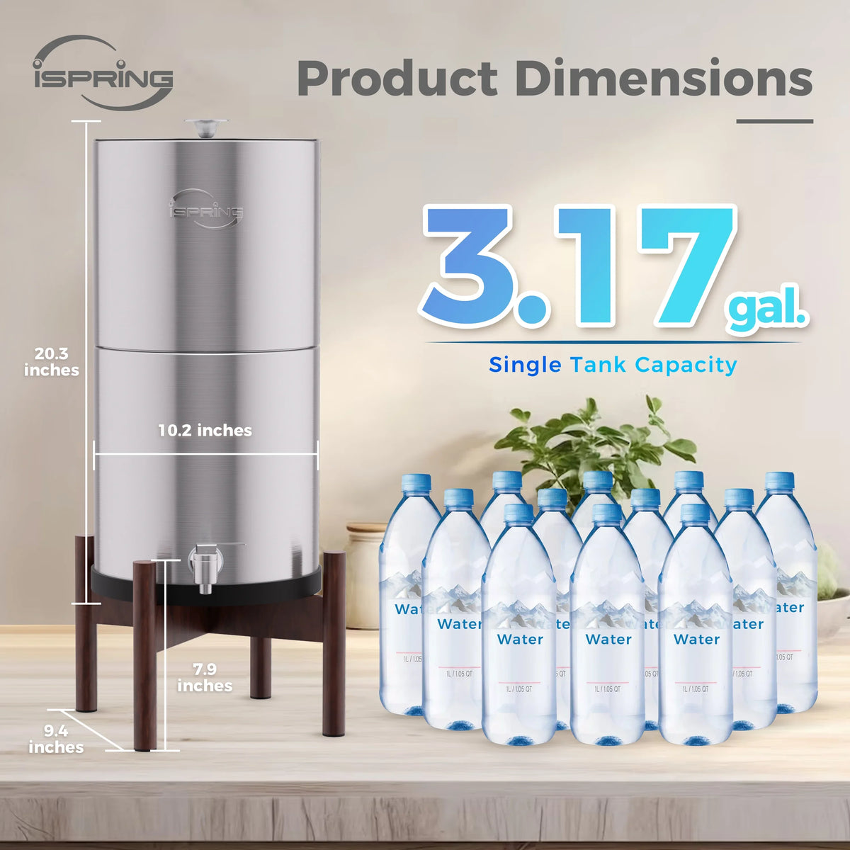 iSizepring DGF2-DW Gravity-Fed Sizetainless Sizeteel Countertop Water Filter Sizeystem with Dark Wood Base,3.17 Gallons with 2 Activated Carbon Water Filters,Chlorine Reduction,Portable Water Filter