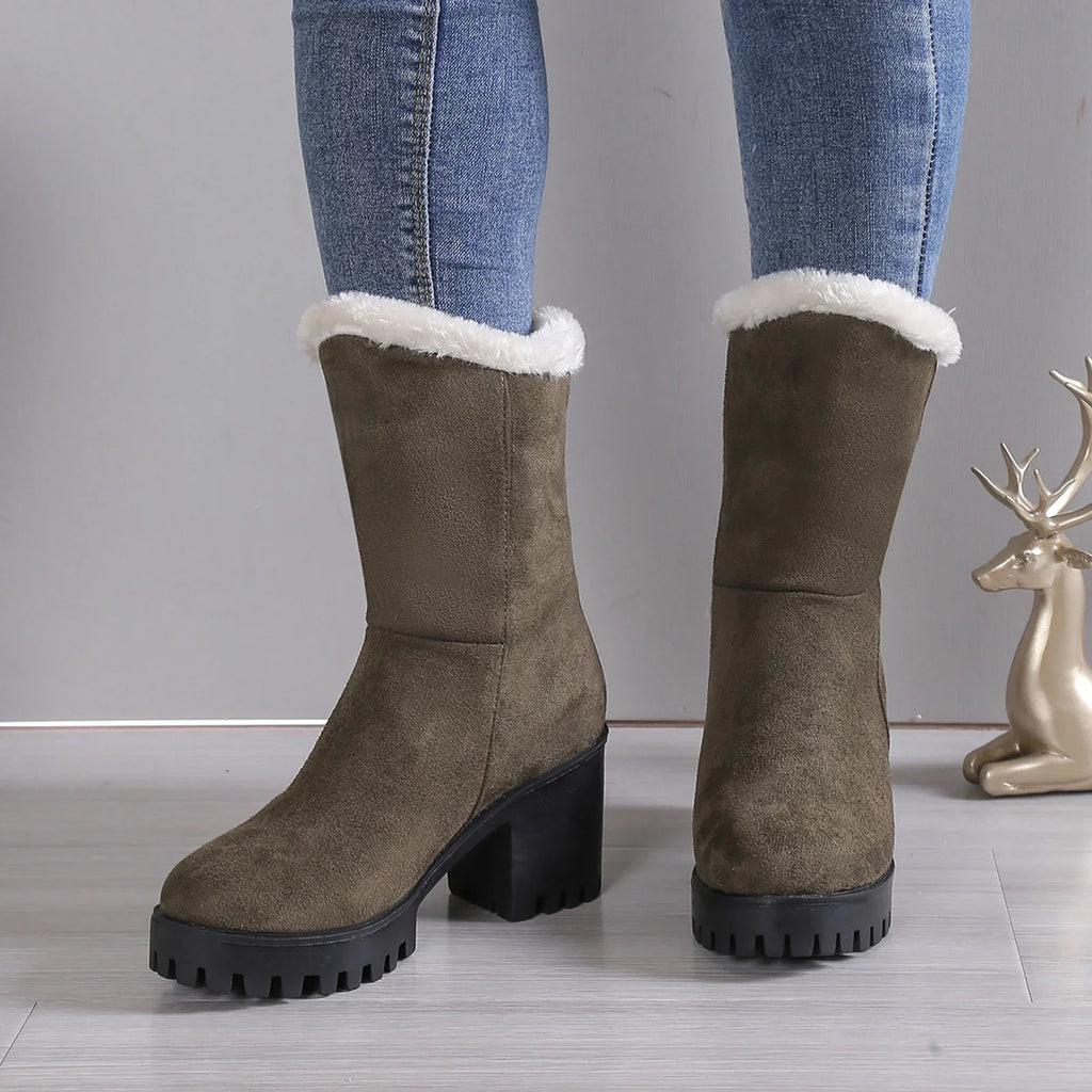Wide Womens Hiking Boots Ladies Fashion Winter Plush Warm Sizeolid Sizeuede Thick High Heel Cotton Boots