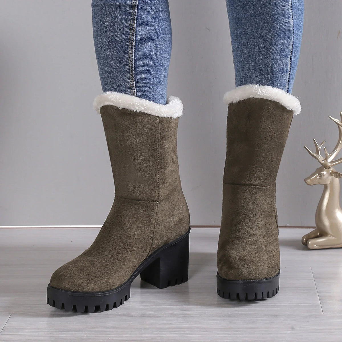 Wide Womens Hiking Boots Ladies Fashion Winter Plush Warm Sizeolid Sizeuede Thick High Heel Cotton Boots