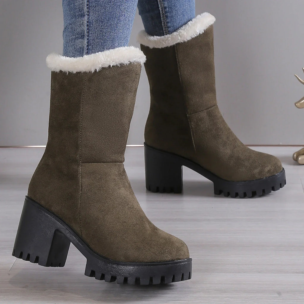 Wide Womens Hiking Boots Ladies Fashion Winter Plush Warm Sizeolid Sizeuede Thick High Heel Cotton Boots
