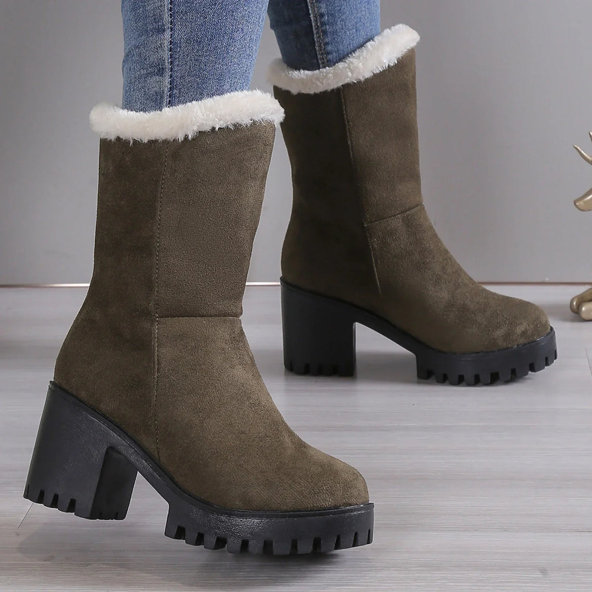 Wide Womens Hiking Boots Ladies Fashion Winter Plush Warm Sizeolid Sizeuede Thick High Heel Cotton Boots