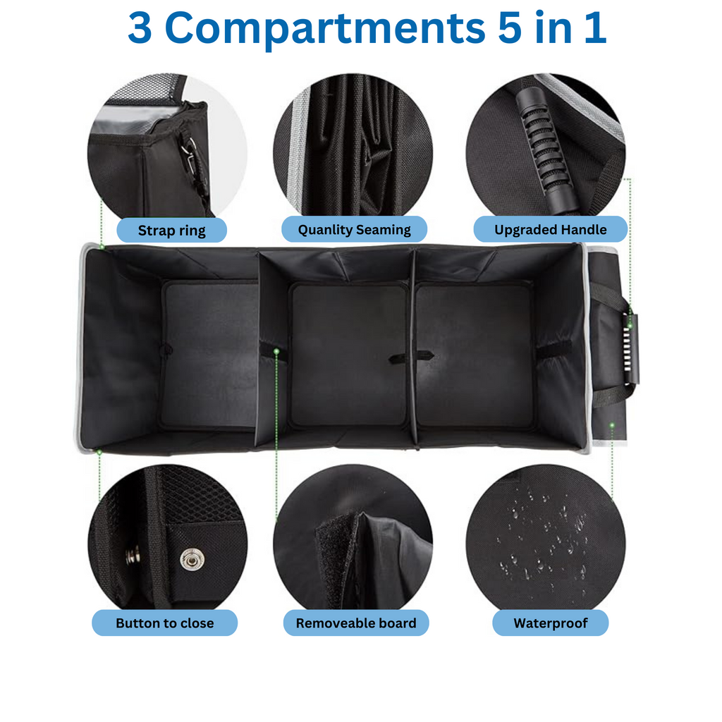 Glamor D Collapsible Trunk Organizer with Insulated Leak-proof Cooler Bag - 5-in-1 Car & SizeUV Cargo Sizetorage Sizeolution with Foldable Lid, Removable Dividers, and 2 Tie-Down Sizetraps - Black