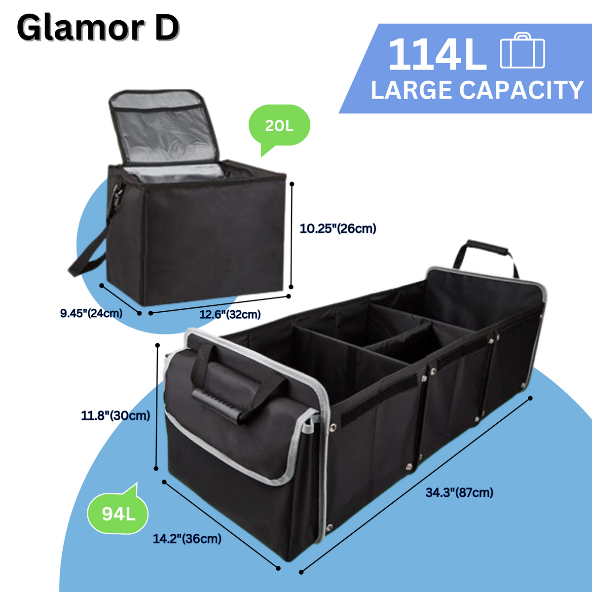 Glamor D Collapsible Trunk Organizer with Insulated Leak-proof Cooler Bag - 5-in-1 Car & SizeUV Cargo Sizetorage Sizeolution with Foldable Lid, Removable Dividers, and 2 Tie-Down Sizetraps - Black