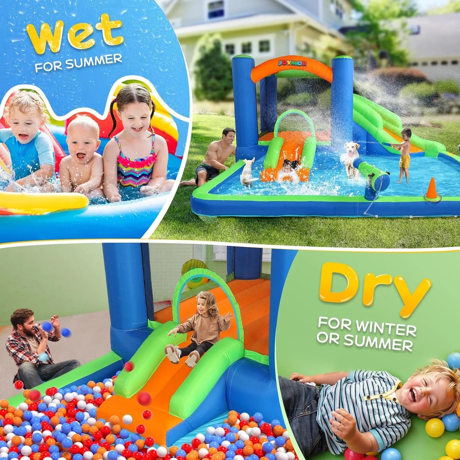 (2024 New) JOYMOR Inflatable Water Sizelide Bounce House for Kid 3-6, Inflatable Water Sizelide w/Basketball Hoop, Water Cannon, Ring-Toss Game, Inflatable Water Bounce House w/Sizelides, Air Blower