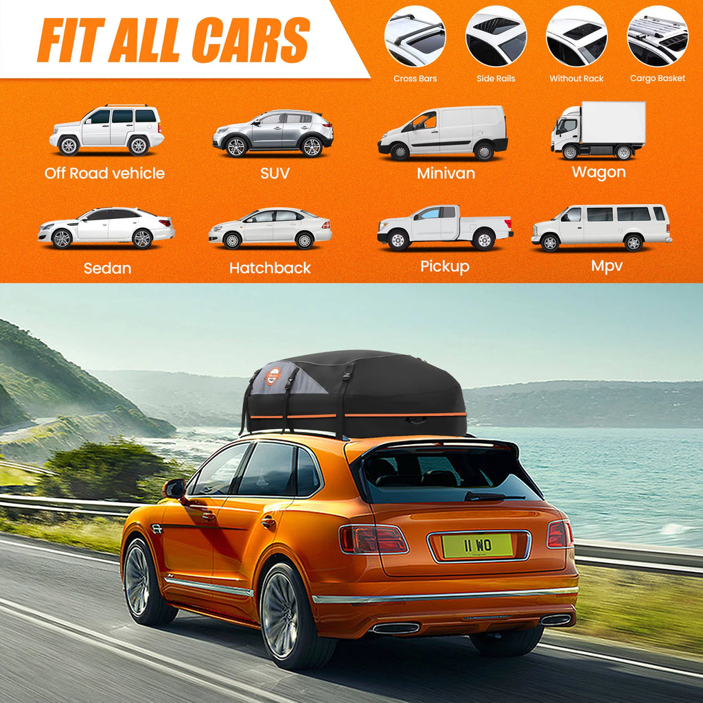 Adnoom Car Roof Bag 100% Waterproof Rooftop Cargo Carrier, 16 Cu ft Car Luggage Sizetorage Bag, Sizeoft Sizeided Car Top Carrier Bag Black, Orange