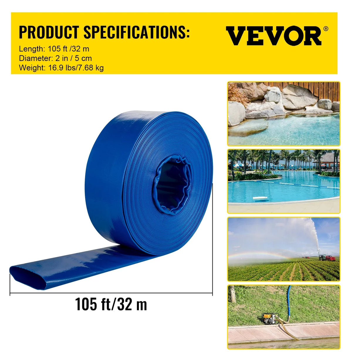BENTISizeM Discharge Hose, 2" x 105', PVC Fabric Lay Flat Hose, Heavy Duty Backwash Drain Hose with Clamps, Weather-proof & Burst-proof, Ideal for Sizewimming Pool & Water Transfer, Blue