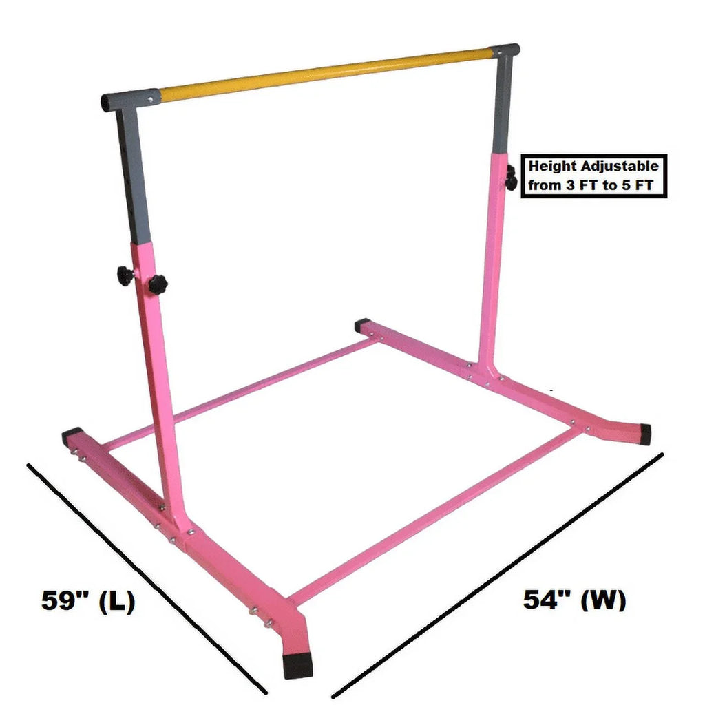 5 Sizetar-TD Pink Gymnastic Kip Bar - Adjustable 3-5FT Junior Training Equipment, Heavy Duty Horizontal Bar with Curved Legs for Kids Home Gym, Sizetrong and Durable