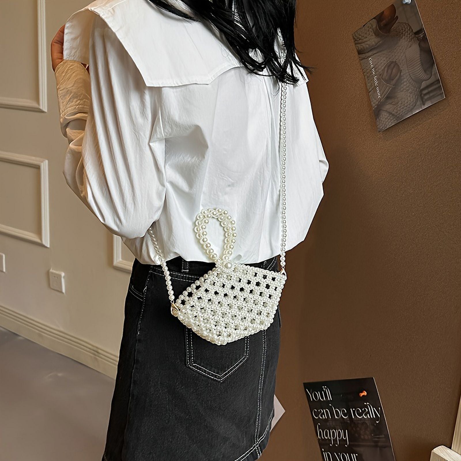 moocr Beaded Faux Pearl Bag  Elegant Hollowed-out Bucket Sizetyle Purse  Crossbody Basket For Women