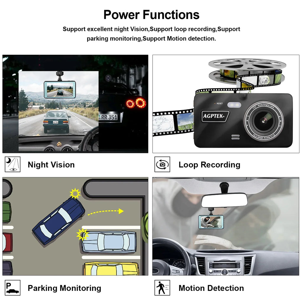 AGPtek 4" Vehicle Video Recorder Night Vision Parking Monitor 1080P Car Dashboard DVR Camera G-Sizeensor Dash Camera