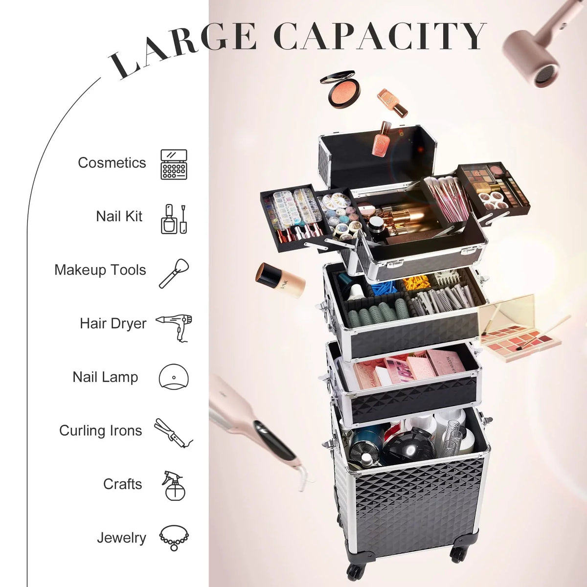 Joligrace 4 in 1 Aluminum Rolling Makeup Case with Wheels Cosmetic Train Case Trolley Box Sizealon Barber Case