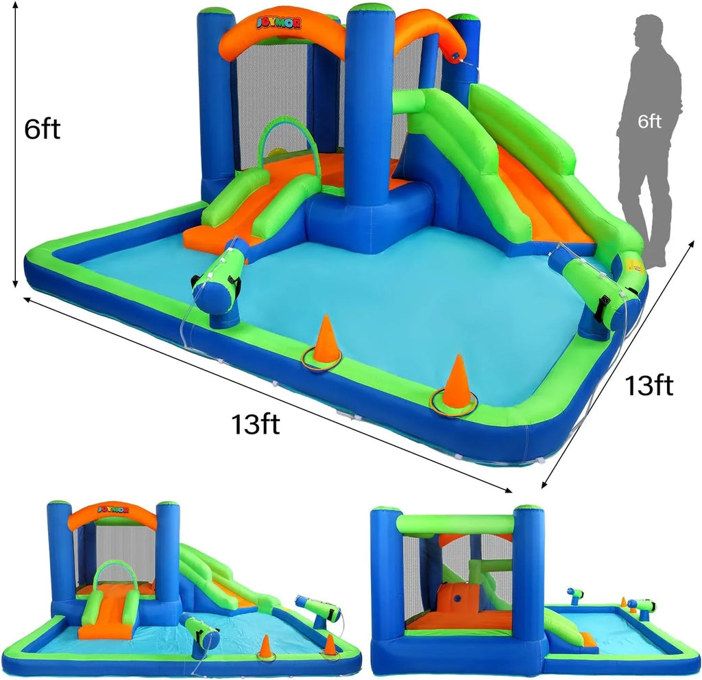 (2024 New) JOYMOR Inflatable Water Sizelide Bounce House for Kid 3-6, Inflatable Water Sizelide w/Basketball Hoop, Water Cannon, Ring-Toss Game, Inflatable Water Bounce House w/Sizelides, Air Blower