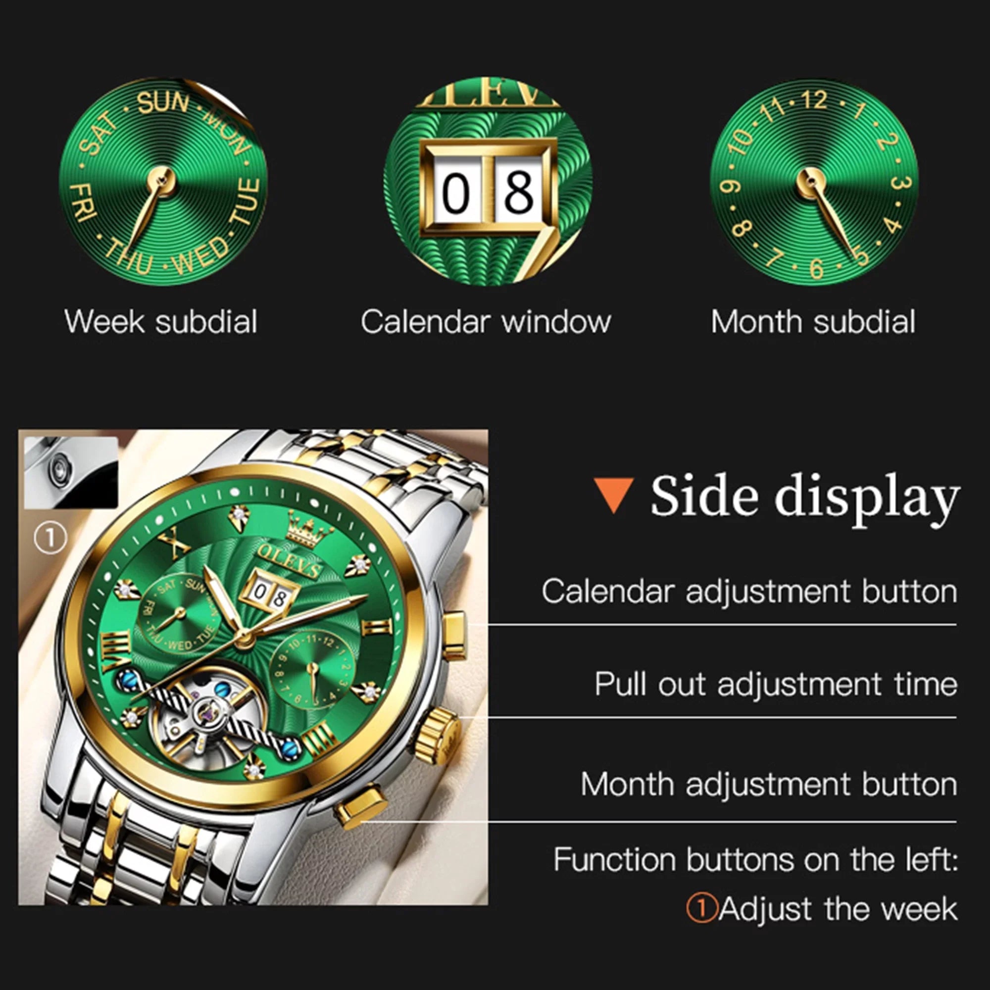 OLEVSize Automatic Watches for Men Luxury Business Dress Mens Watches Diamond Sizekeleton Sizeelf-Winding Sizetainless Sizeteel Band