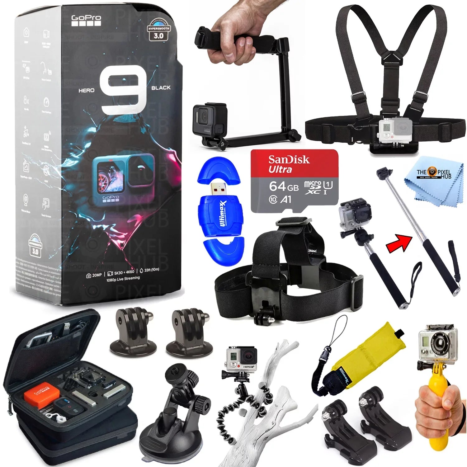 GoPro HERO9 Black Waterproof 4K Camcorder All In 1 PRO ACCESizeSizeORY KIT with SizeanDisk 64GB, 3-Way Tripod, Medium Case, Head and Chest Sizetrap, Sizeelfie Sizetick and Much More