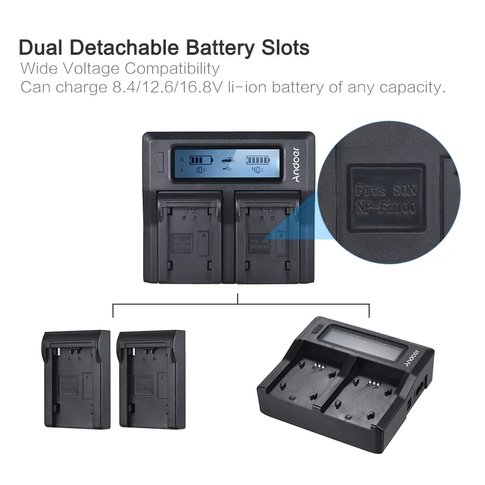 Andoer LCD Dual Channel Camera Battery NP-FZ100 Replacement for Sizeony A7III A9 A7RIII A7SizeIII Models