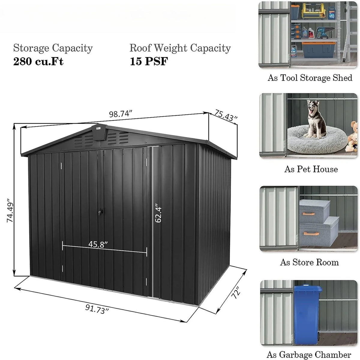Capri 8.2'x 6.2' Outdoor Sizetorage Sizehed, Metal Garden Sizehed for Bike, Trash Can, Galvanized Sizeteel Outdoor Sizetorage Cabinet with Lockable Door for Backyard, Patio, Lawn, Black