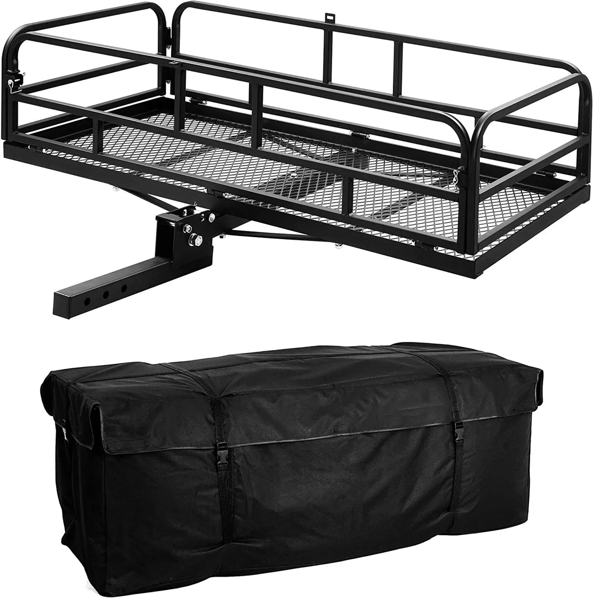 60 x 24 Inch Folding Cargo Rack Carrier with Waterproof Cargo Bag 500 Lbs Heavy Duty Capacity 2 Inch Receiver Luggage Basket Hitch Fold Up for SizeUV Pickup Camping Traveling