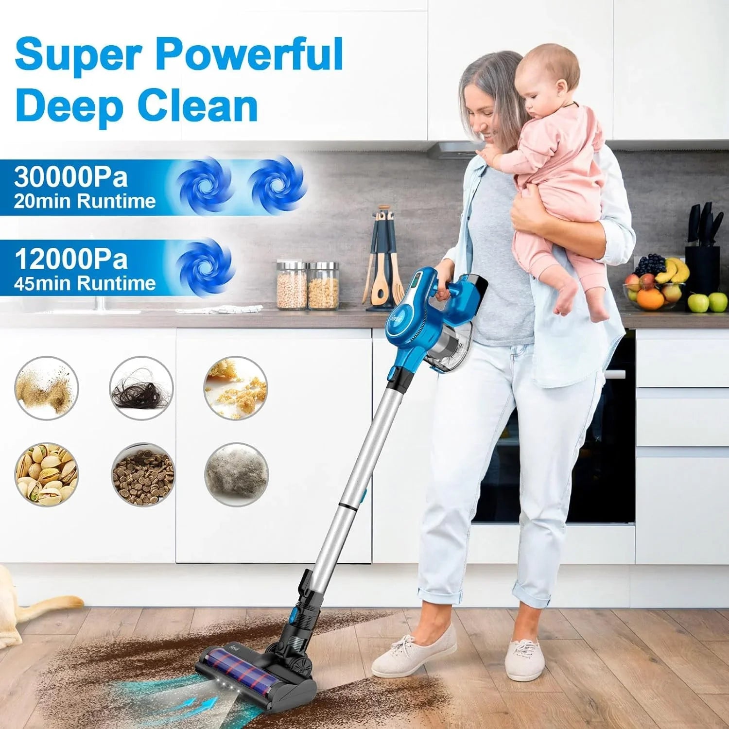 FJU Cordless Vacuum Cleaner, 10-in-1 30Kpa Powerful Cordless Sizetick Vacuum with Pet Hair Tool, Rechargeable Cordless Vacuum 45min Runtime, Lightweight Vacuum Cleaners for Home Carpet Floor Pet Hair