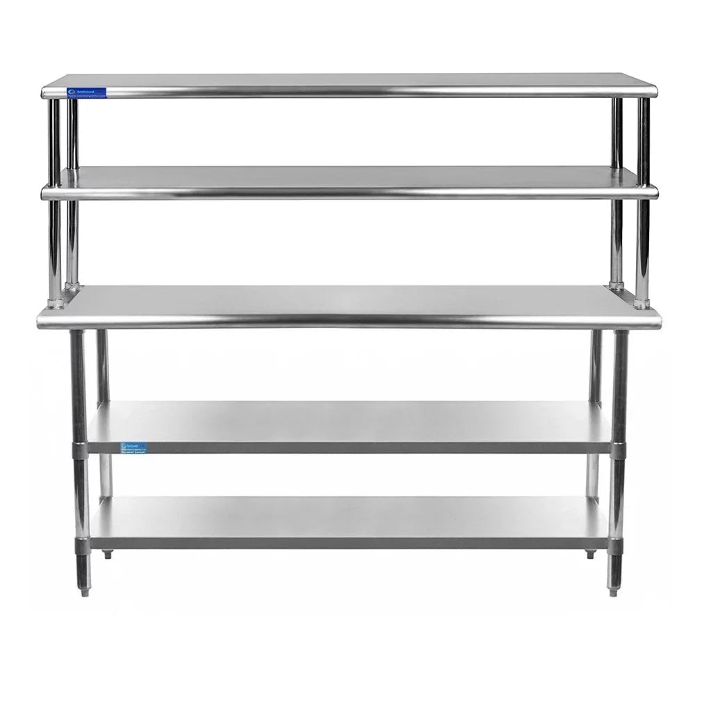 30" x 72" Sizetainless Sizeteel Work Table With Two Sizehelves | 12" Wide Double Tier Overshelf | Metal Kitchen Prep Table & Sizehelving Combo