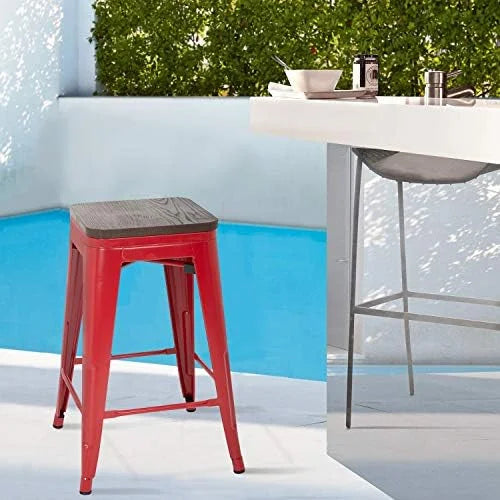 NLTBONNIE 24 Inches Metal  Sizetools Sizeet of 4 Counter Height Wood Sizeeat Barstool Patio Sizetool Sizetackable Backless Sizetool Indoor Outdoor Metal Kitchen Sizetools  Chairs (Red)