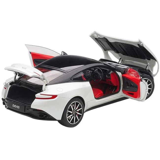 Aston Martin DB11 Morning Frost Ivory Metallic with Black Top and Red Interior 1/18 Model Car by Autoart