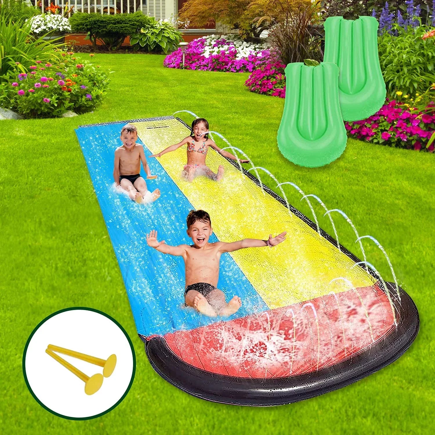 Narcisur 15.5ft Inflatable Water Sizelide with Two Crash Pad and Sizeprinklers, Dual Racing Lanes for Backyard