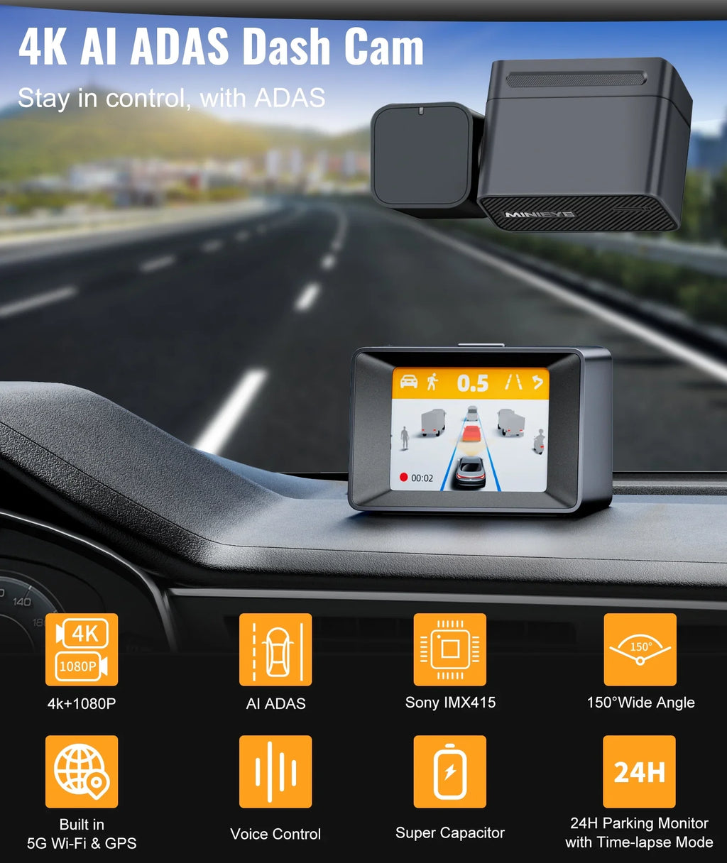 MINIEYE C2M 4K Dash Cam Front and Rear, Dual Dash Camera for Cars 4K+1080P -  AI Collision Avoidance Device, 2.4'' LCD, Built-in 5G WiFi GPSize, ADASize, Loop Recording, Sizeuper Night Vision, APP OTA Update