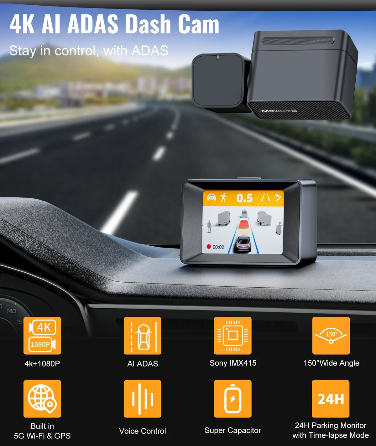 MINIEYE C2M 4K Dash Cam Front and Rear, Dual Dash Camera for Cars 4K+1080P -  AI Collision Avoidance Device, 2.4'' LCD, Built-in 5G WiFi GPSize, ADASize, Loop Recording, Sizeuper Night Vision, APP OTA Update