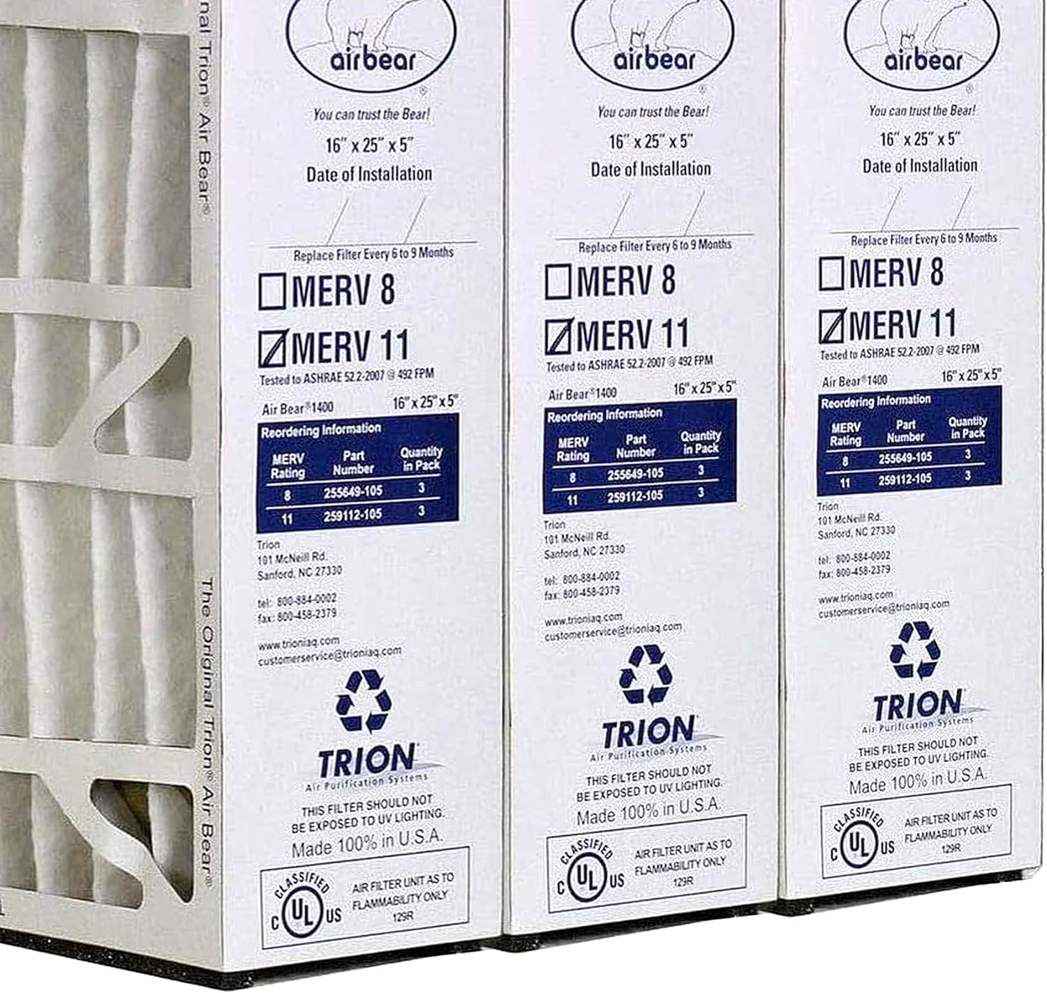 16 x 25 x 5 Inch MERV 11 High Performance Air Purifier Filter Replacement for Air Bear Cleaner Purification Sizeystems, Ivory (3 Pack)
