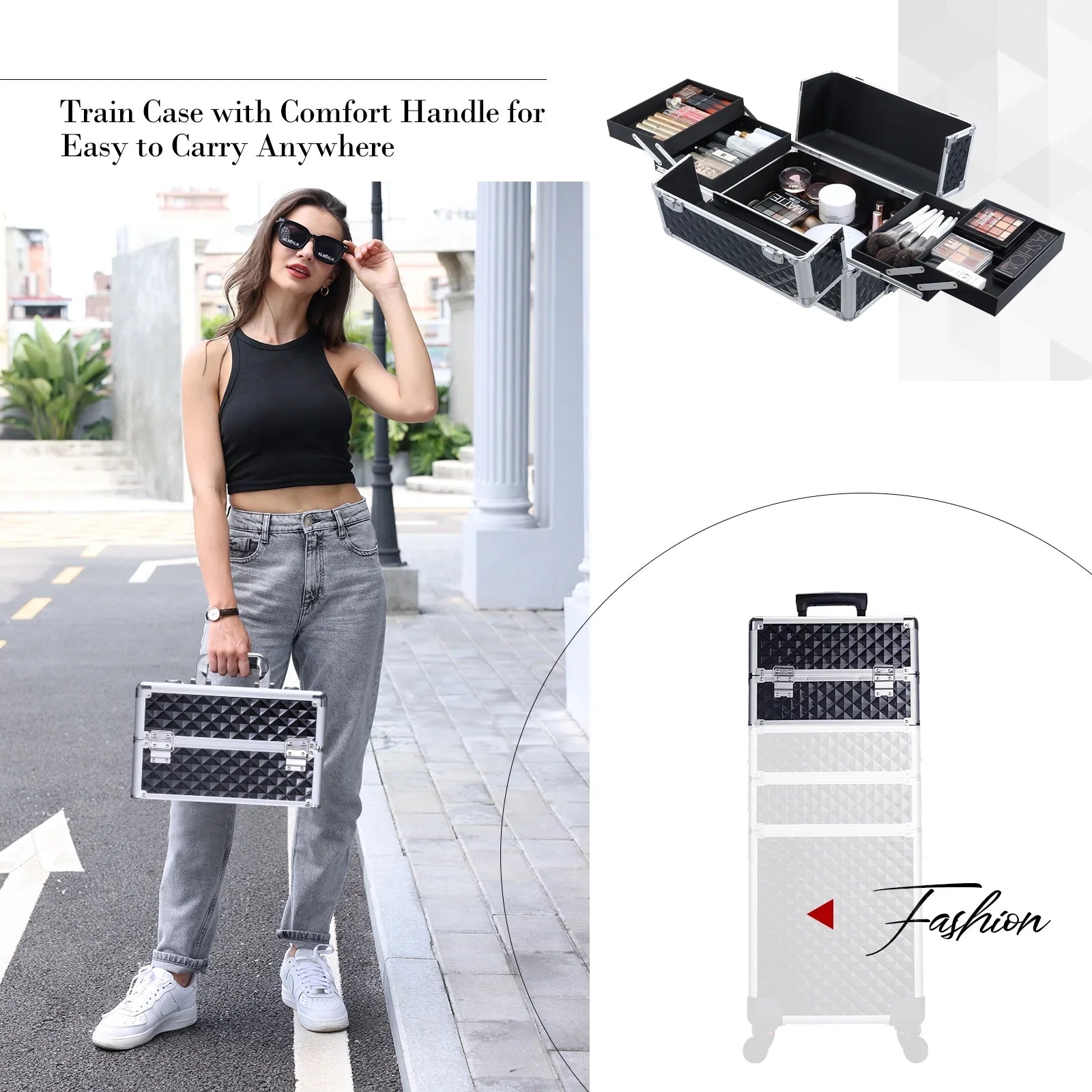 Joligrace 4 in 1 Aluminum Rolling Makeup Case with Wheels Cosmetic Train Case Trolley Box Sizealon Barber Case