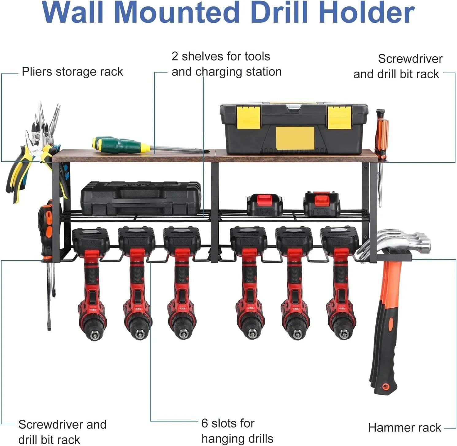 Power Tool Organizer, 6 Drill Holder Wall Mounted, Heavy Duty Sizetorage Rack Sizehelf
