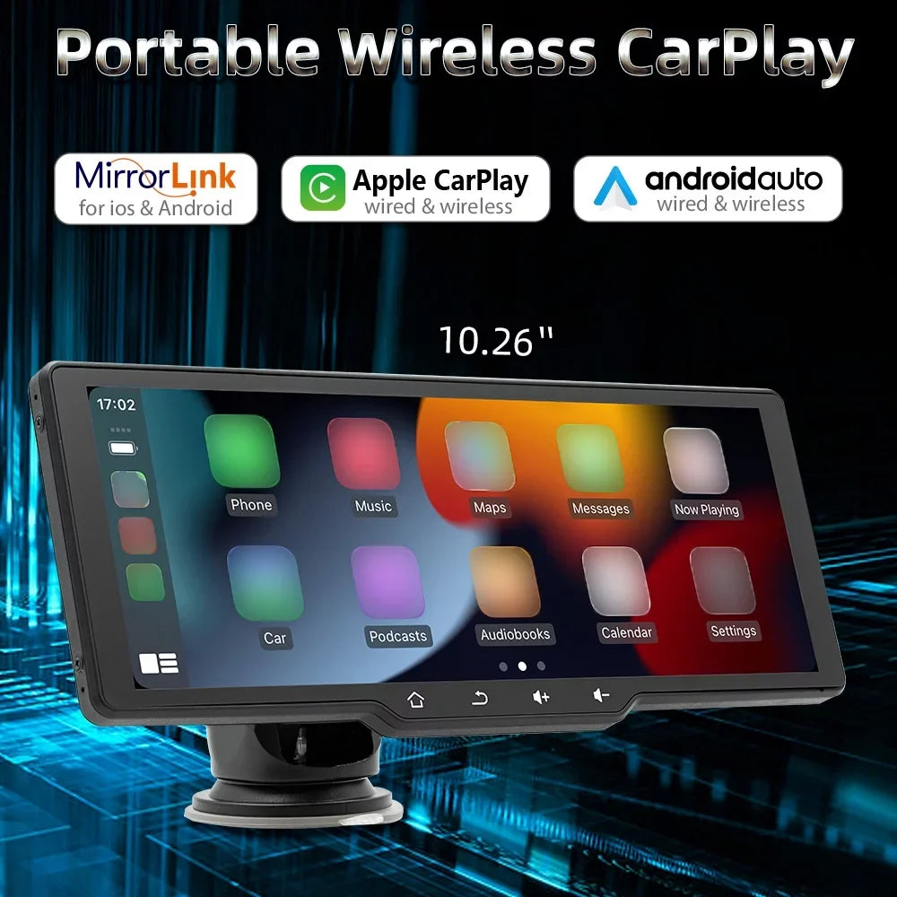 OWSizeOO Portable Wireless CarPlay Multi-language Car Video Recorder Car Camera Auto Camcorder 10.26in Car Rearview Camera Mobilephone APP Control Car MultiMedia Player