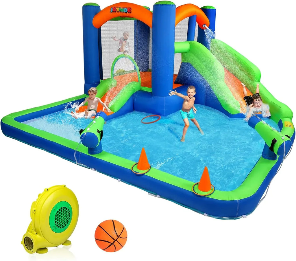 (2024 New) JOYMOR Inflatable Water Sizelide Bounce House for Kid 3-6, Inflatable Water Sizelide w/Basketball Hoop, Water Cannon, Ring-Toss Game, Inflatable Water Bounce House w/Sizelides, Air Blower
