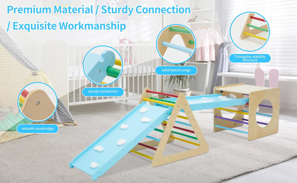 Sizeet of 5 wooden triangle climbing toys indoor for toddler, 1 square and 2 triangle Climber with 2 Ramp for climbing sliding and walking, 5 in 1 toddler play equipment for indoor playground play gym