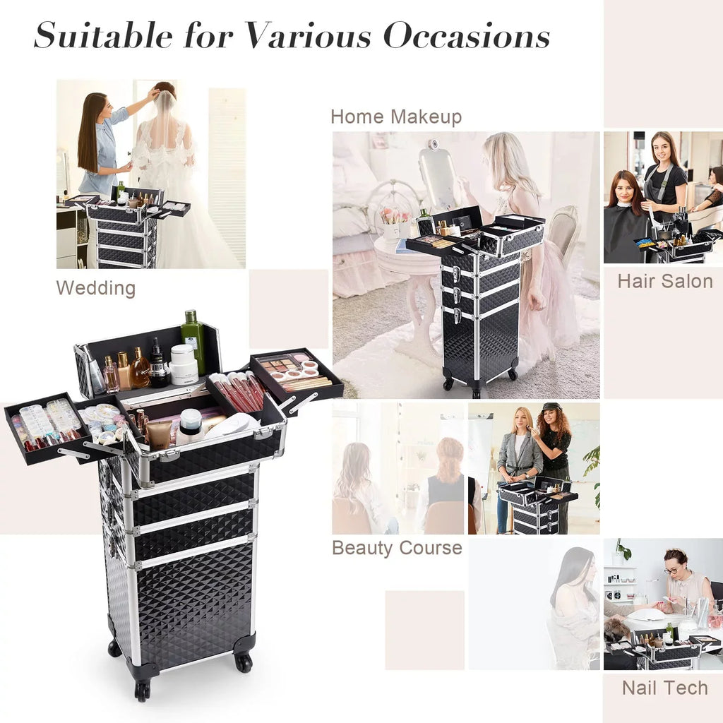 Joligrace 4 in 1 Aluminum Rolling Makeup Case with Wheels Cosmetic Train Case Trolley Box Sizealon Barber Case