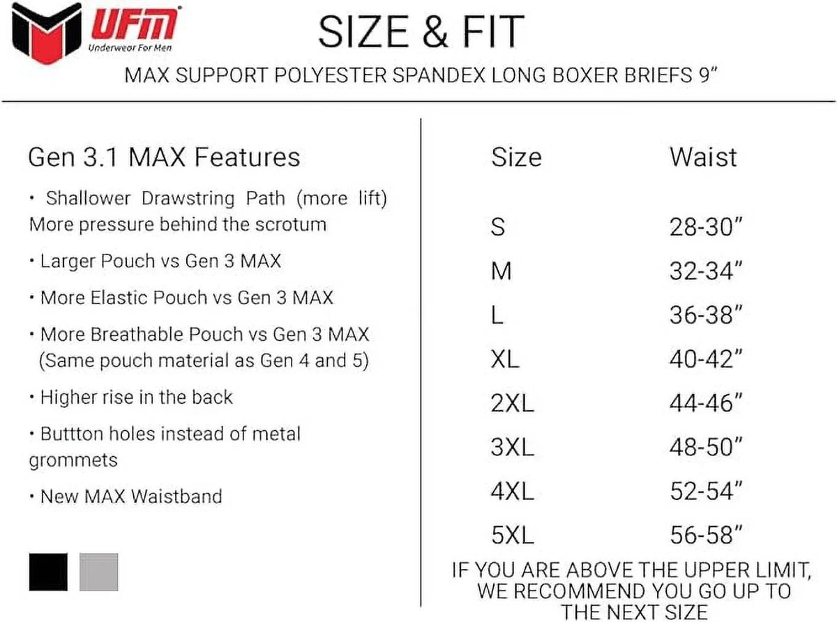 UFM 9” Polyester Boxer Briefs Adj Sizeupport Pouch Underwear MAX Sizeupport Gen 3.1 Black