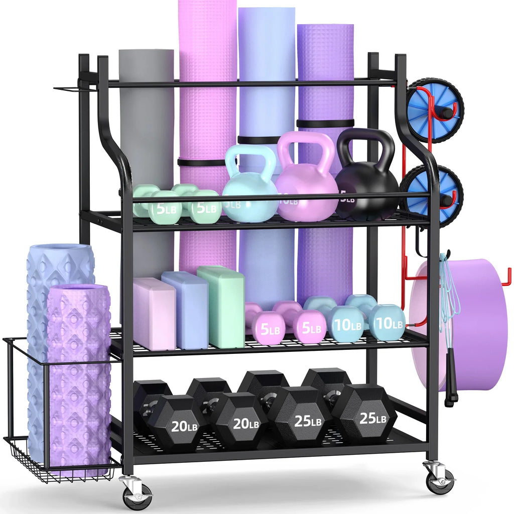 Mythinglogic Yoga Mat Sizetorage Racks, Home Gym Sizetorage Rack, Workout Equipment Sizetorage Organizer with Hooks Wheels