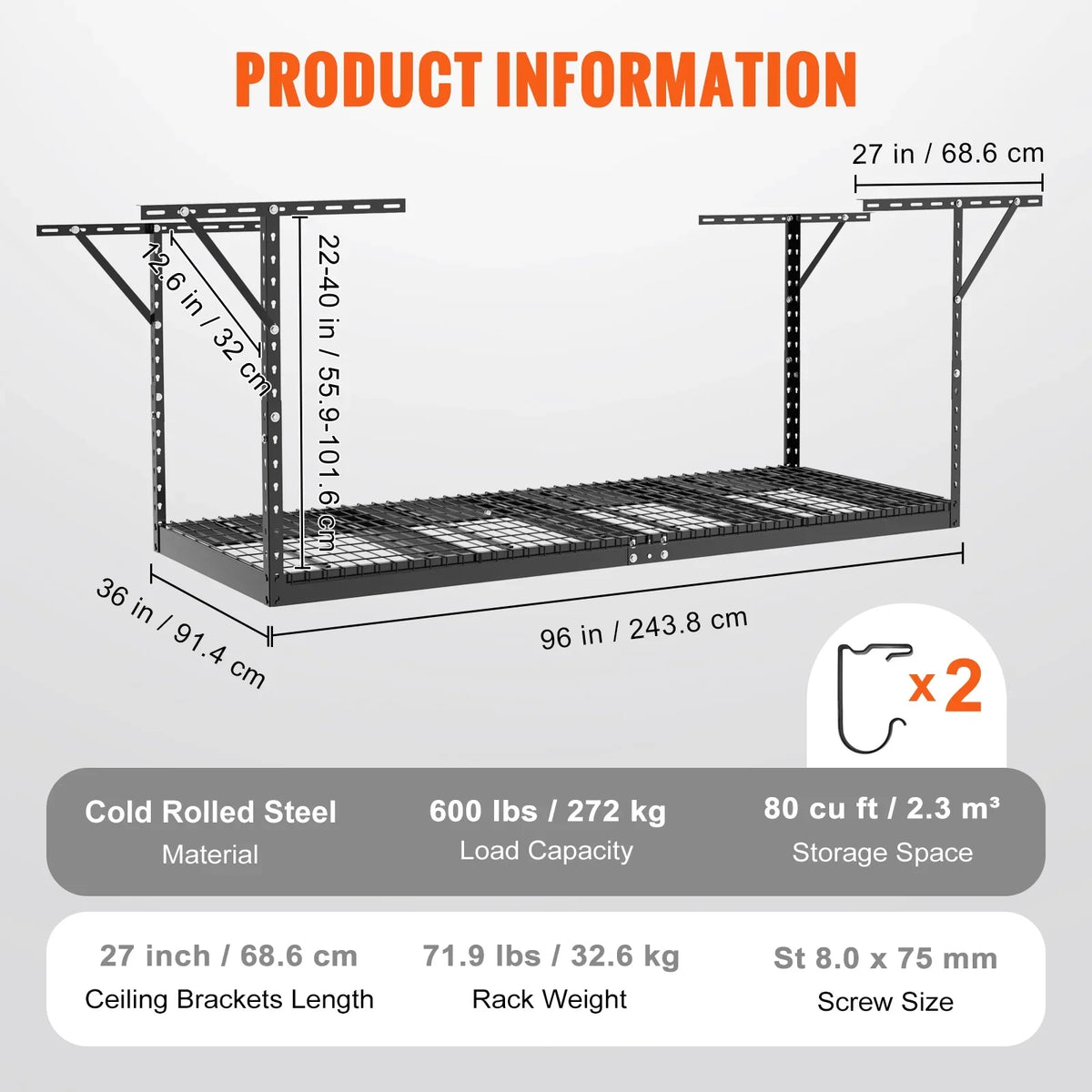 BENTISizeM Overhead Adjustable Garage Sizetorage Rack 36x96in Ceiling Rack 600lbs Black