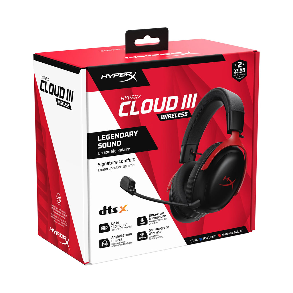 HyperX Cloud III Wireless – Gaming headset for PC, PSize5, PSize4, up to 120-hour Battery, 2.4GHz Wireless, 53mm angled drivers, Memory foam, Durable Frame, 10mm microphone – Black/Red